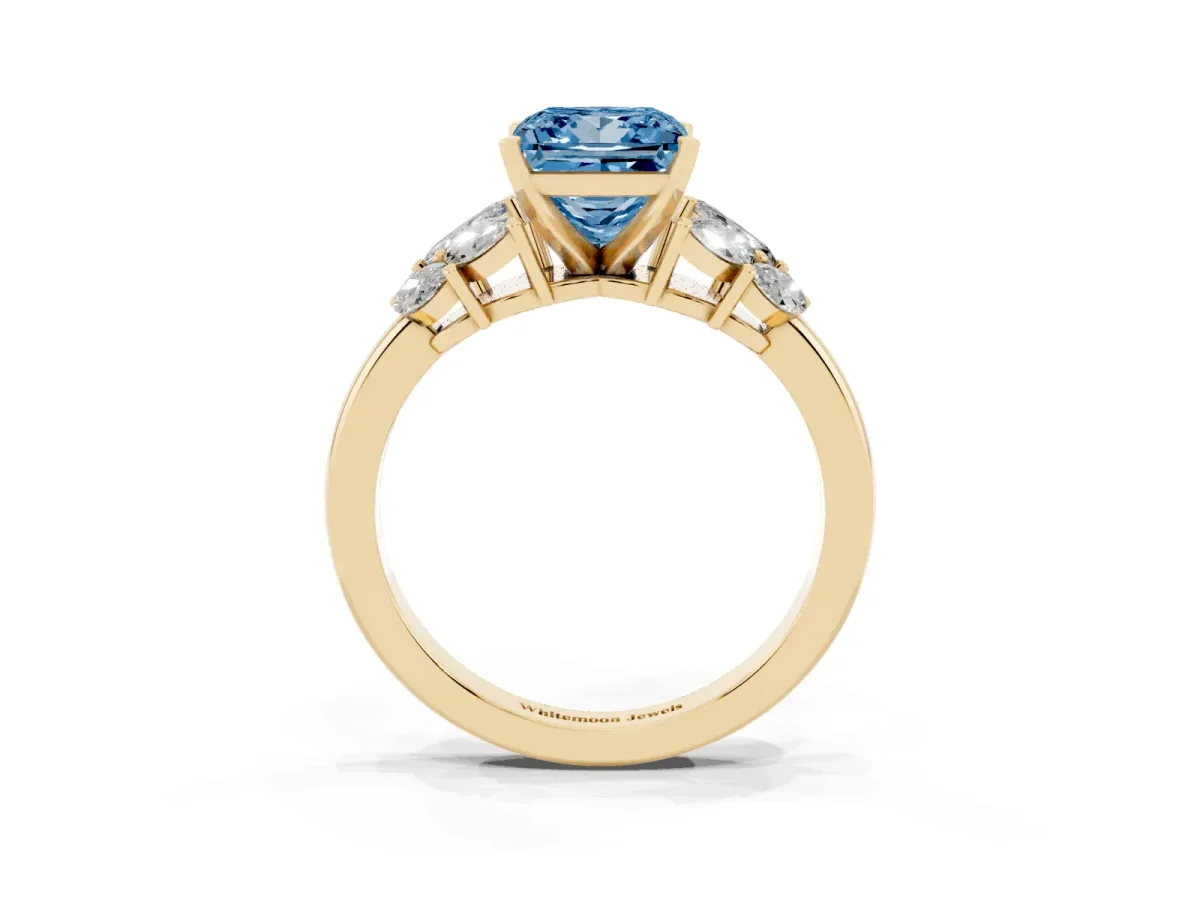Fancy Blue Princess Cut Diamond Cluster Leaf Design Ring with Prong Setting Yellow gold