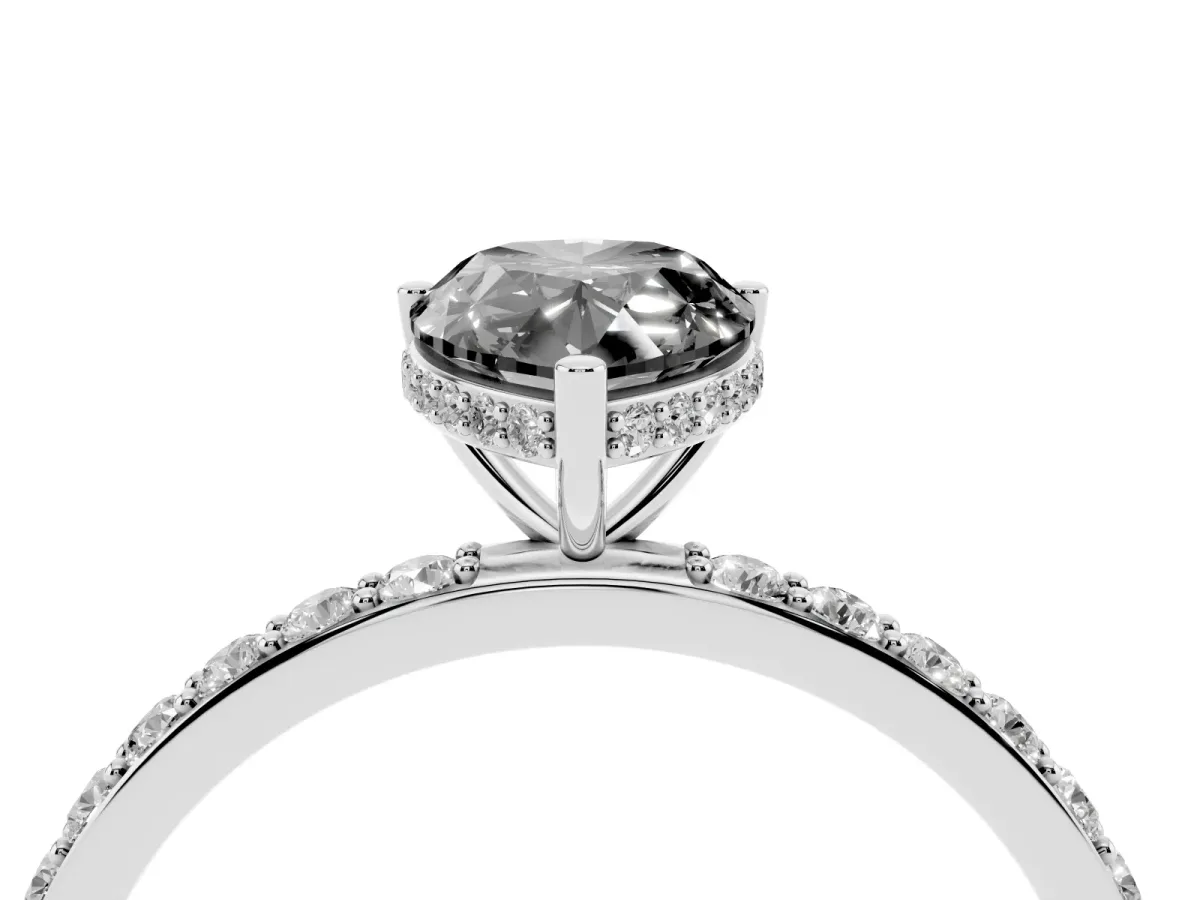 Fancy Black Pear Cut Diamond Solitaire Ring with Pavé Band and Hidden Halo Silver