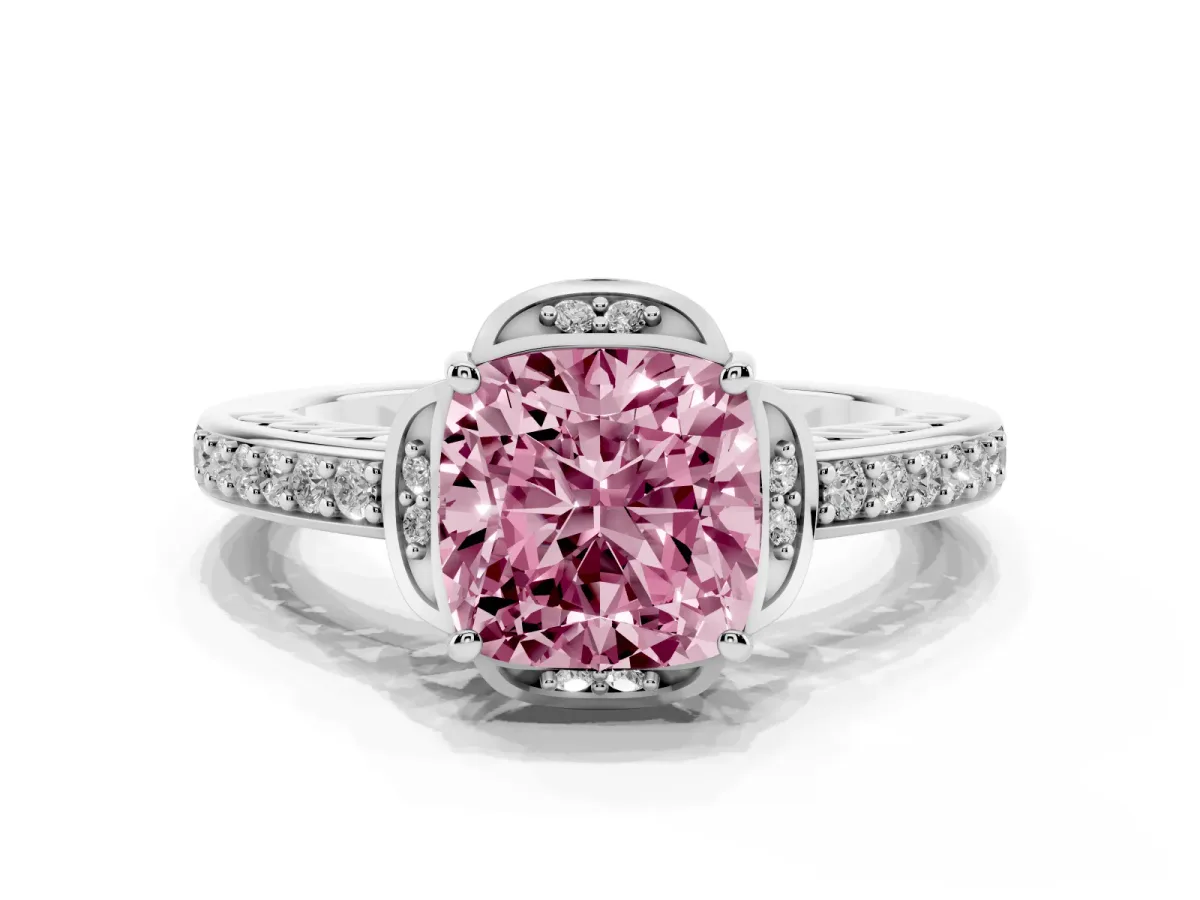 Fancy Pink Cushion Cut Cut Halo Diamond Ring with Channel Set Band and Four-Prong Setting Platinum