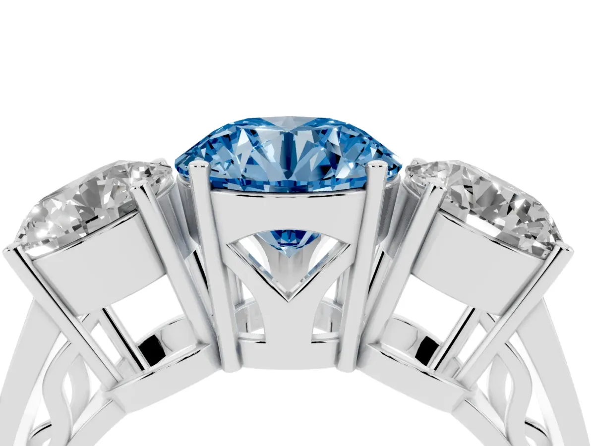 Fancy Blue Round Cut Diamond Three-Stone Ring with Prong Setting and Textured Band Platinum