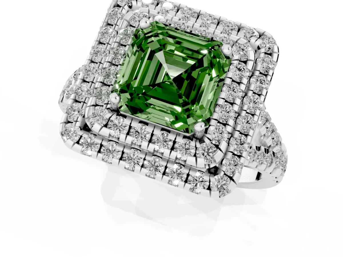 Fancy Green Double Halo Asscher Cut Diamond Pavé Split Shank Ring with Prong Setting Silver