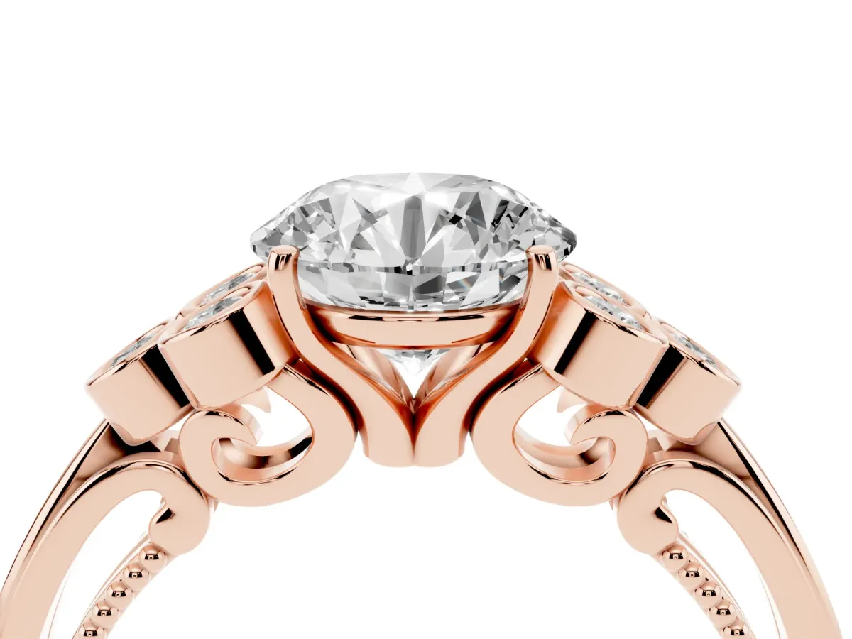 Round Cut Cut Diamond Engagement Ring with Bezel Set Round Side Stones and Prong Setting Rose gold