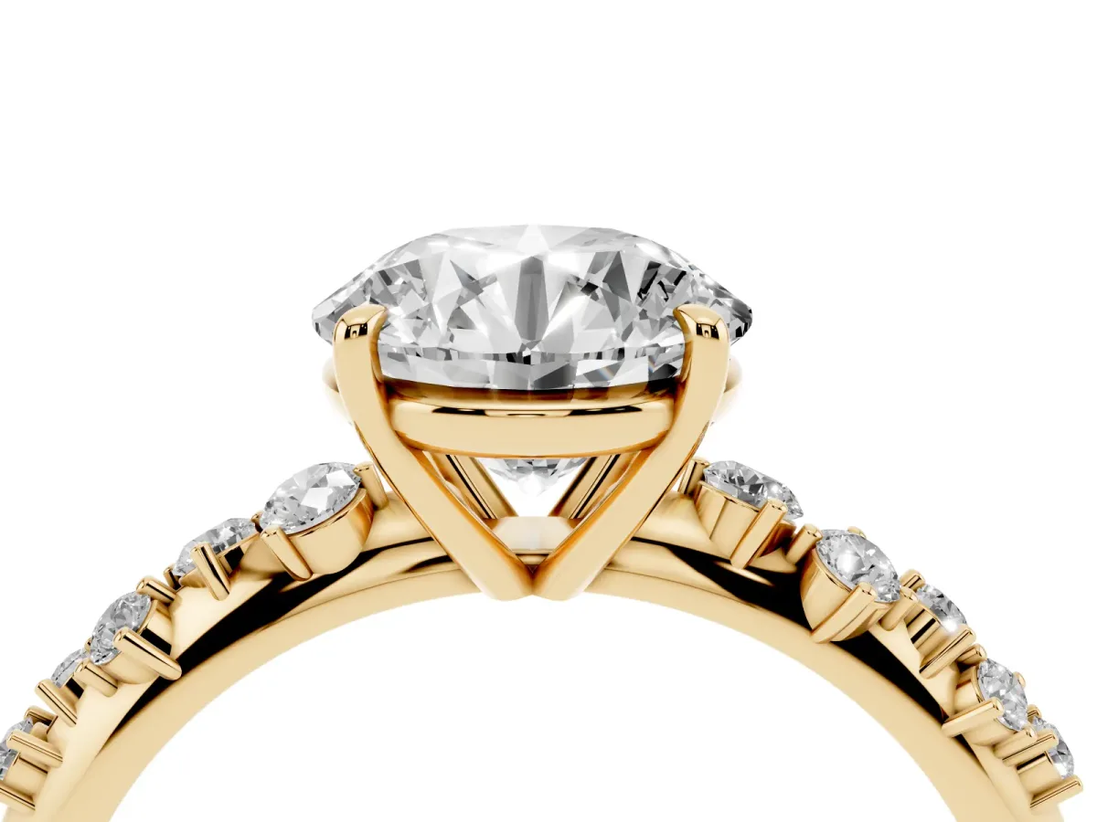 Round Cut Diamond Cluster Side Stone Solitaire Ring with Prong Setting Yellow gold