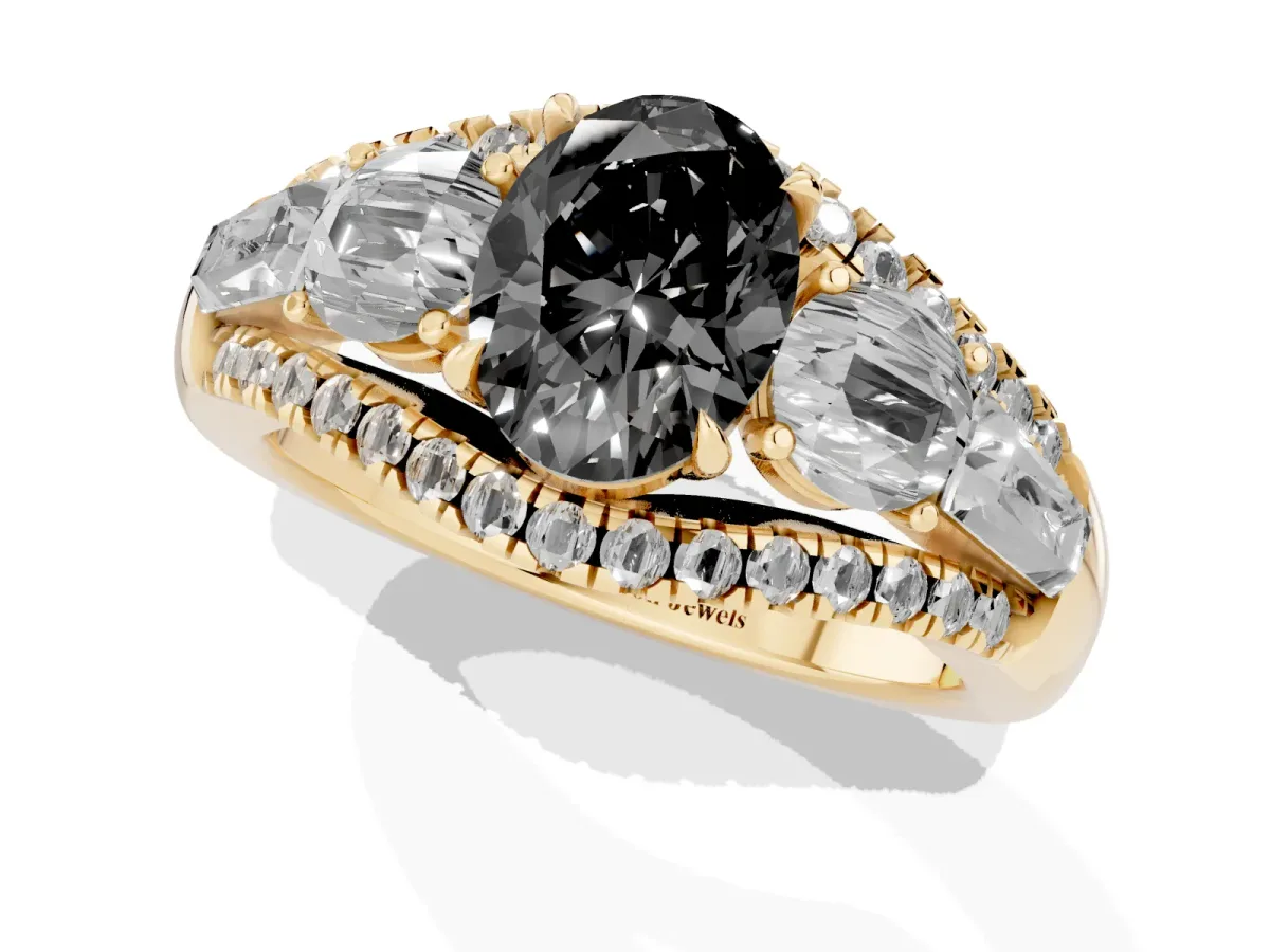 Fancy Black Three-Stone Oval Cut Diamond Engagement Ring with Pave Band and Prong Setting Yellow gold