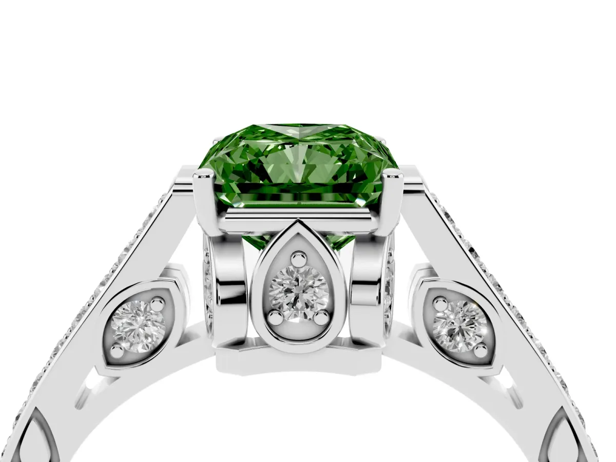 Fancy Green Radiant Cut Cut Cathedral Pave Diamond Engagement Ring with Six-Prong Setting Silver