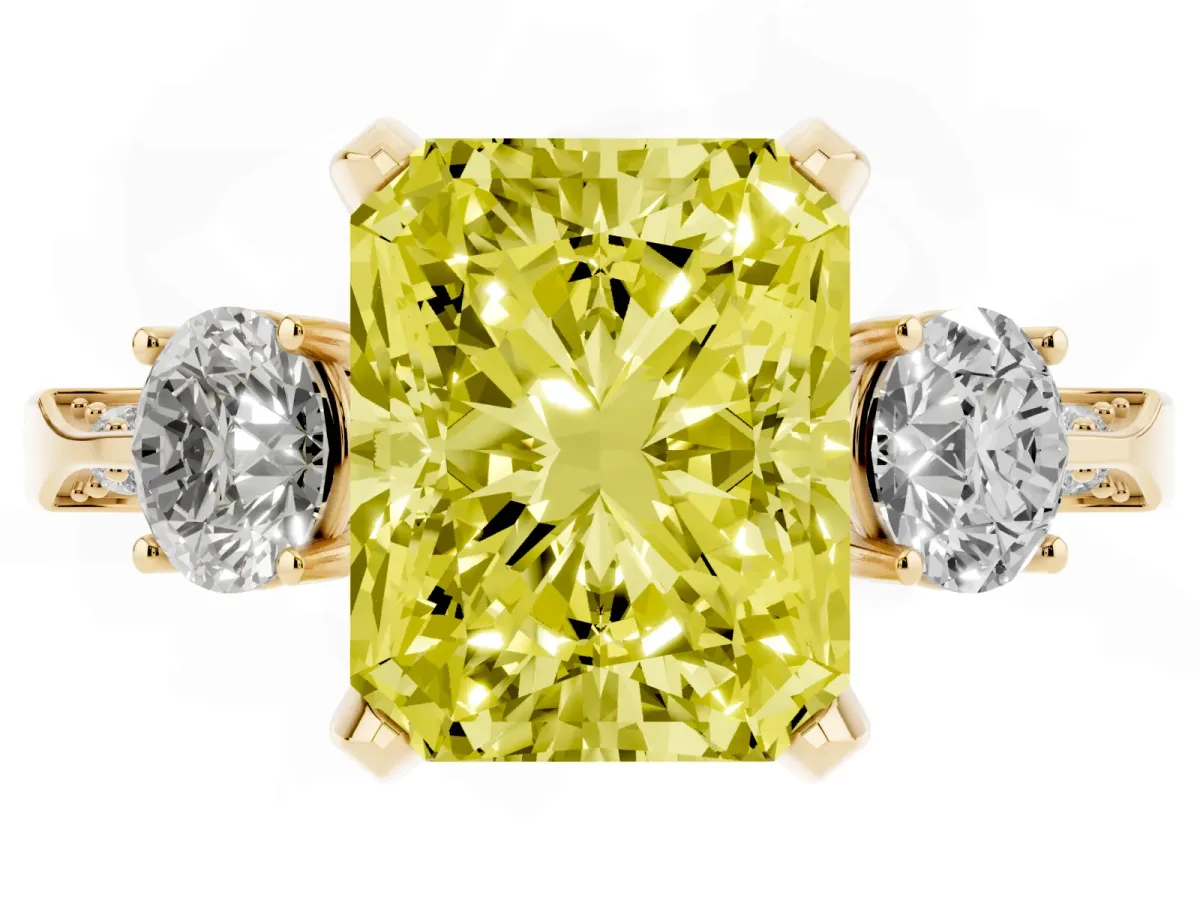 Fancy Yellow Radiant Cut Brilliant Three-Stone Diamond Ring with Pavé Band and Four-Prong Setting Yellow gold