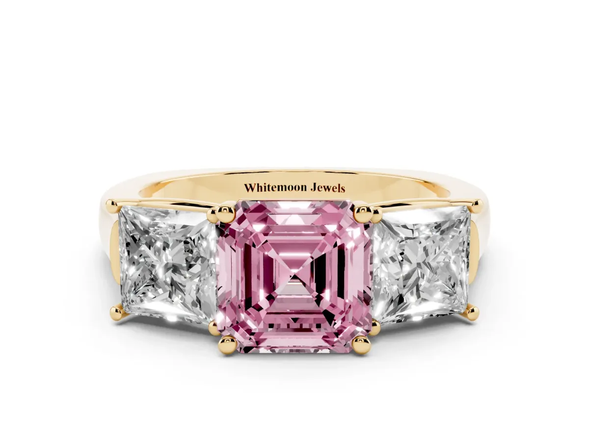 Fancy Pink Three-Stone Asscher Cut Brilliant Diamond Trellis Ring with Comfort Fit Band Yellow gold