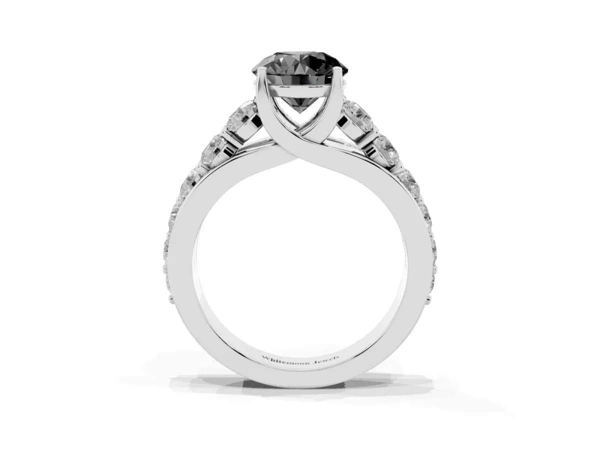 Fancy Black Round Cut Diamond Engagement Ring with Pavé Band and Four-Prong Setting Silver