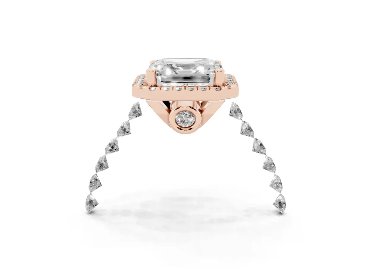 Asscher Cut Halo Pavé Diamond Engagement Ring with Four-Prong Setting Rose gold