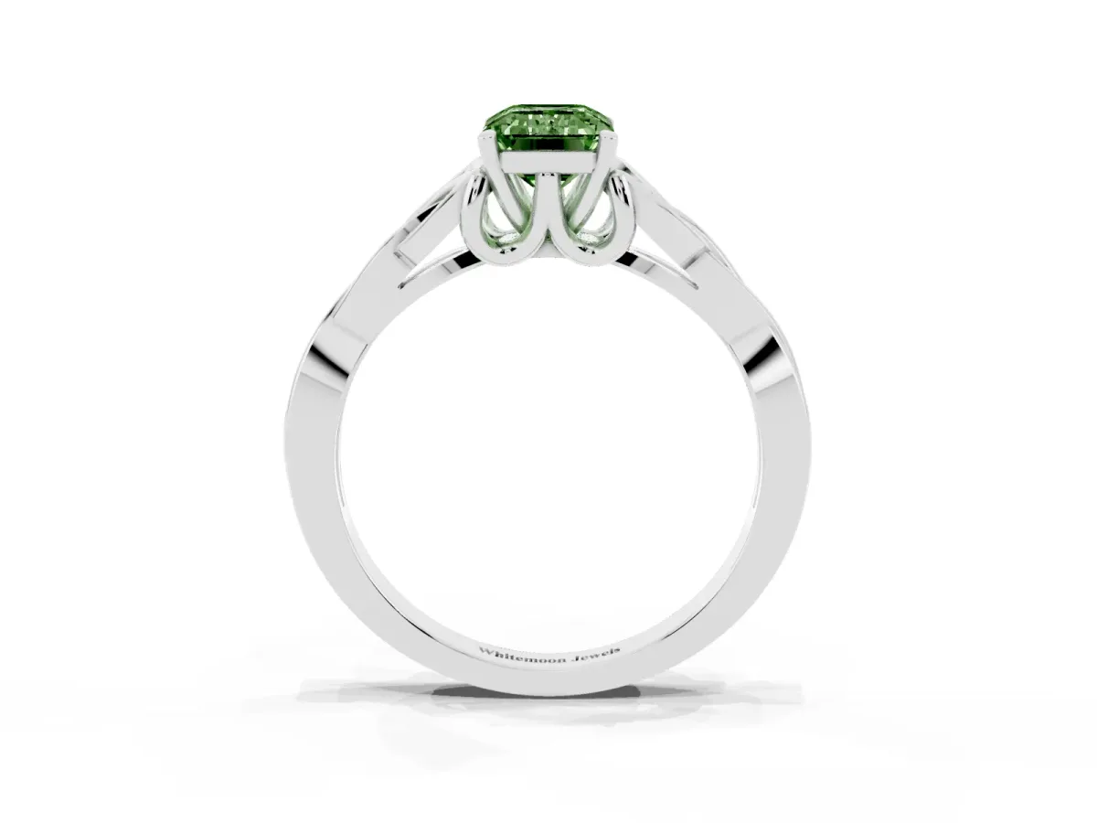 Fancy Green Emerald Cut Diamond Solitaire Engagement Ring with Celtic Knot Band and Four-Prong Setting White gold