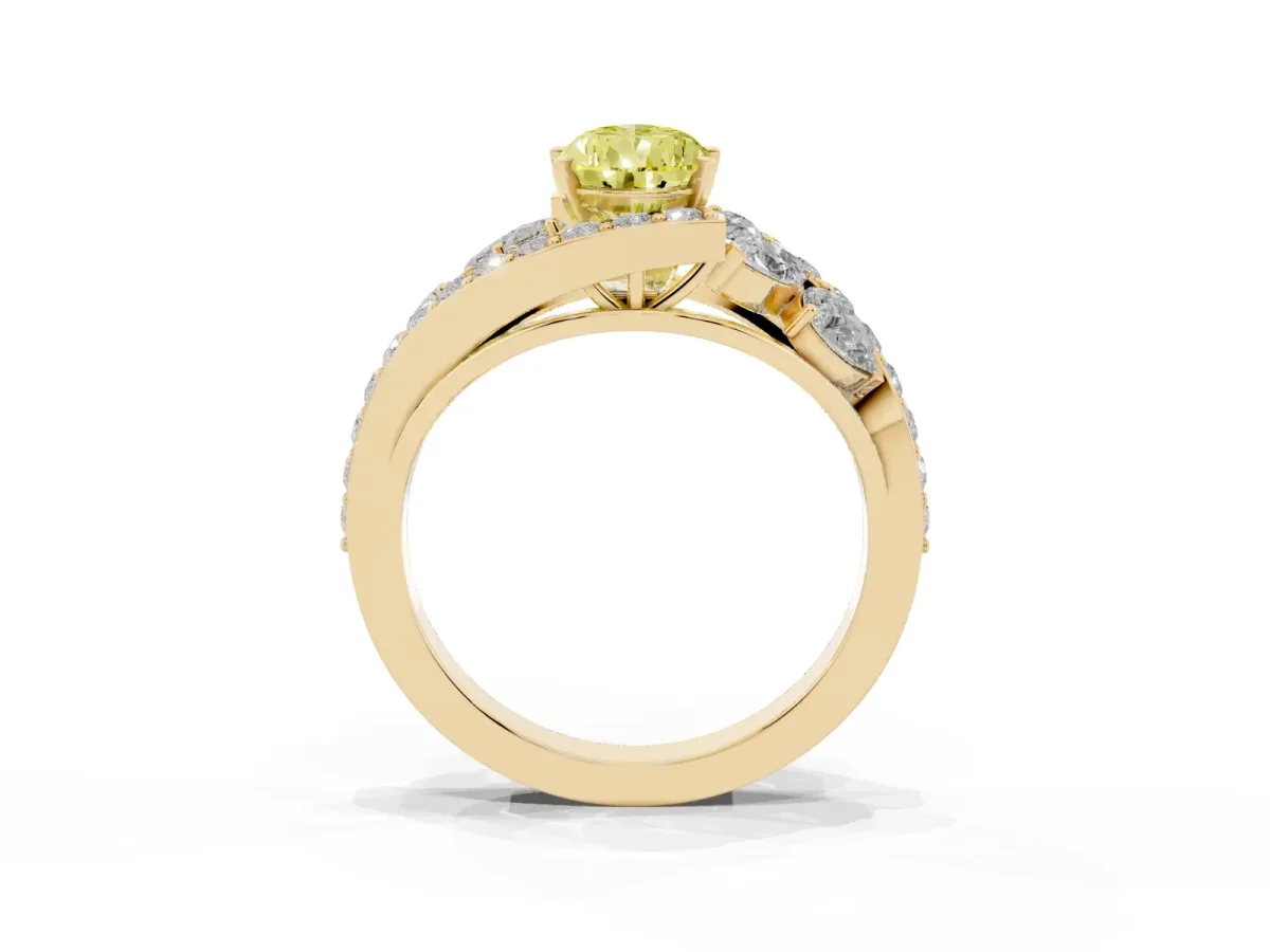 Fancy Yellow Pear Cut Diamond Halo Ring with Marquise and Pavé Band in Prong Setting Yellow gold