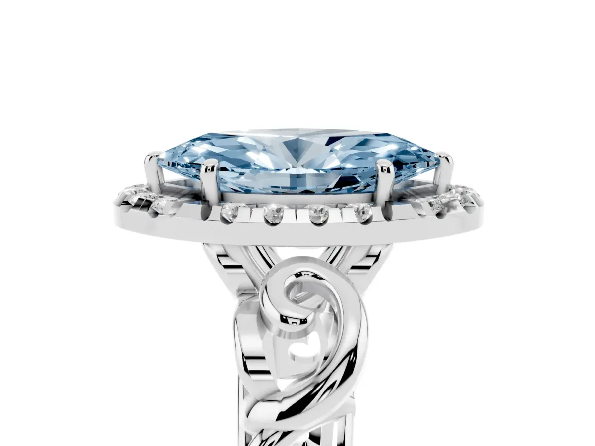Fancy Blue Marquise Cut Cut Halo Diamond Ring with Scrollwork Band and Four-Prong Setting Silver