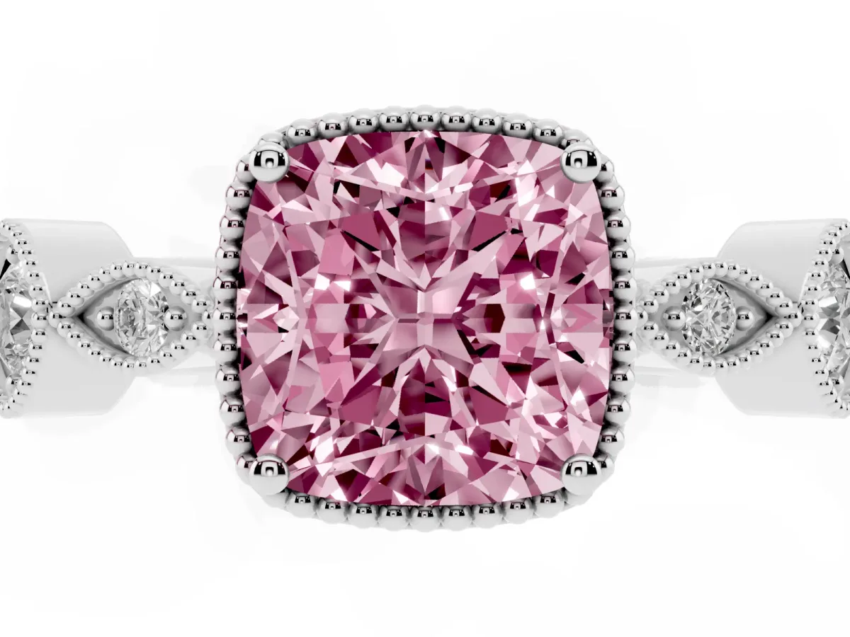Fancy Pink Cushion Cut Diamond Vintage Milgrain Ring with Round Stations Silver