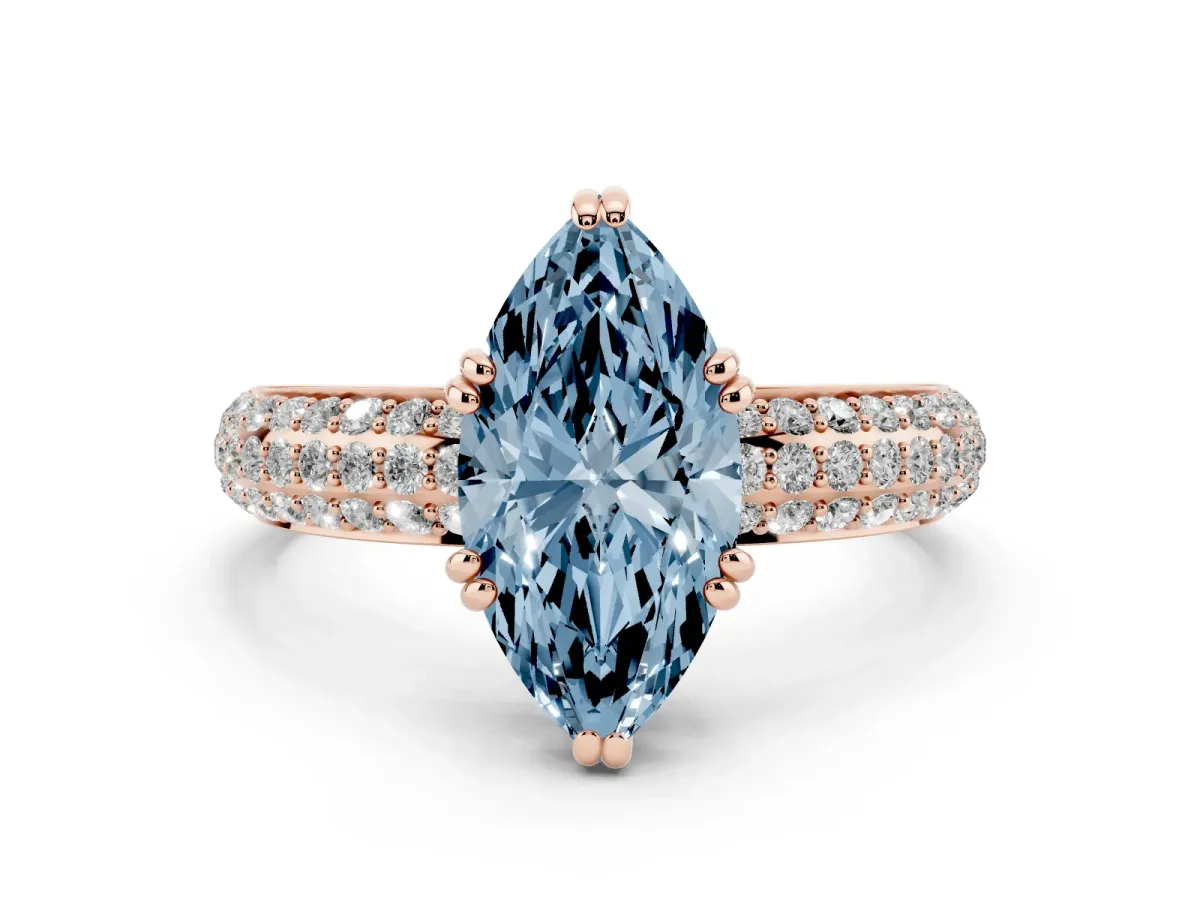 Fancy Blue Marquise Cut Diamond Solitaire Ring with Multi-Row Round Pavé Band and Prong Setting Rose gold