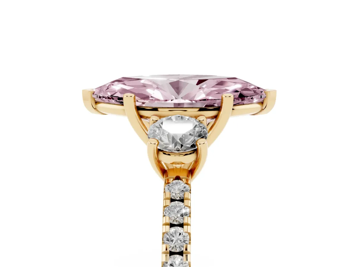 Fancy Pink Three-Stone Marquise Cut Cut Diamond Pavé Band with Prong Setting Yellow gold
