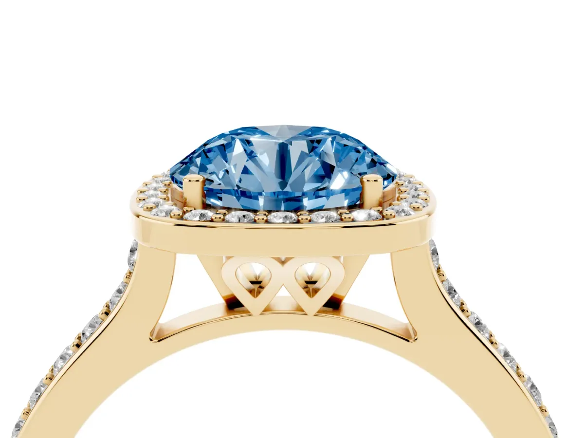 Fancy Blue Round Cut Diamond Halo Engagement Ring with Round Pavé Shoulders and Prong Setting Yellow gold