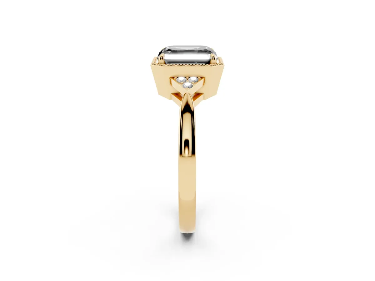 Fancy Black Hexagonal Halo Asscher Cut Diamond Solitaire with Pavé Band and Four-Prong Setting Yellow gold