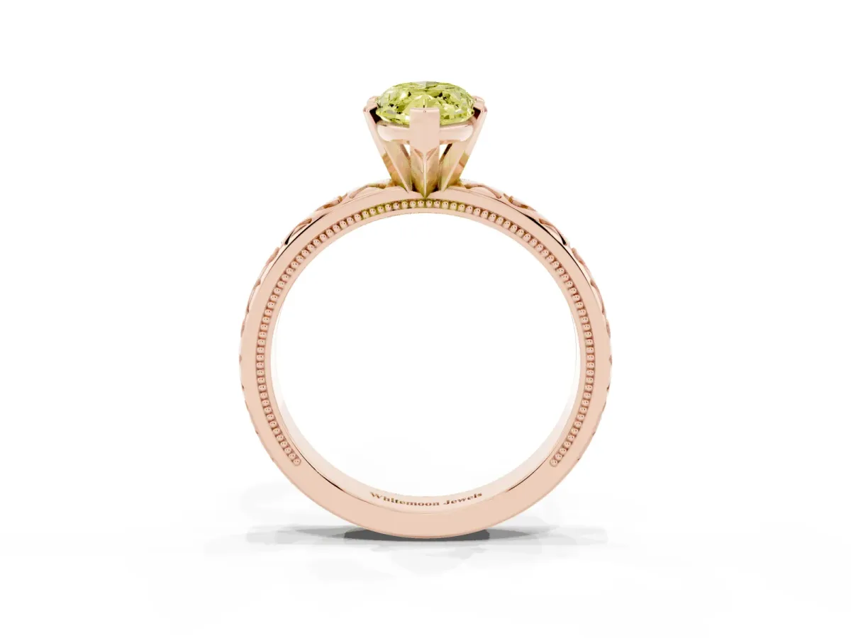 Fancy Yellow Marquise Cut Solitaire Diamond Engagement Ring with XO Engraved Band and Four-Prong Setting Rose gold