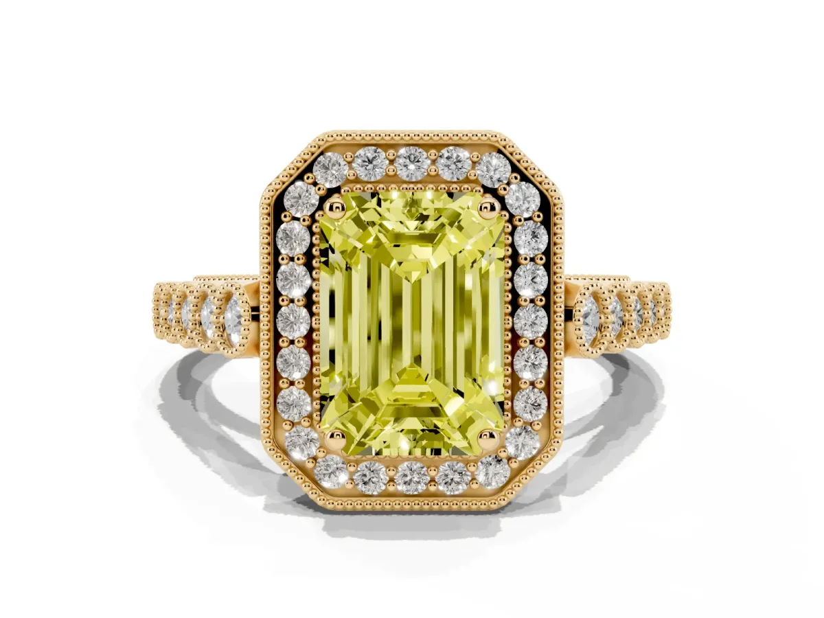Fancy Yellow Emerald Cut Halo Milgrain Solitaire with Bezel Set Side Stones and Pave Band Yellow gold