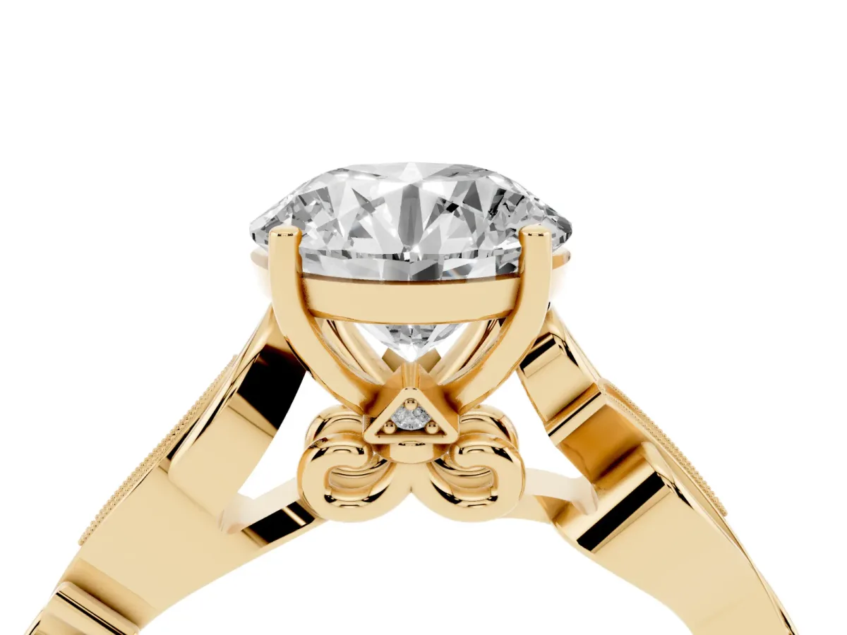 Round Cut Solitaire Vine Band with Milgrain Prong Setting Yellow gold