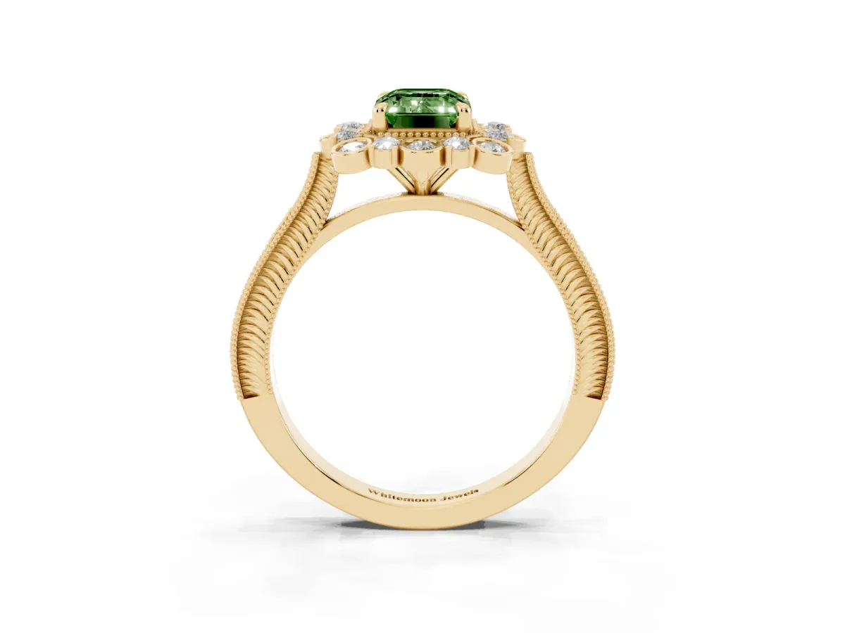 Fancy Green Emerald Cut Halo Milgrain Pave Diamond Ring with Four-Prong Setting Yellow gold