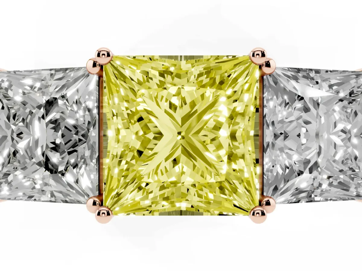 Fancy Yellow Princess Cut Diamond Three-Stone Ring with Prong Setting and Textured Band Rose gold