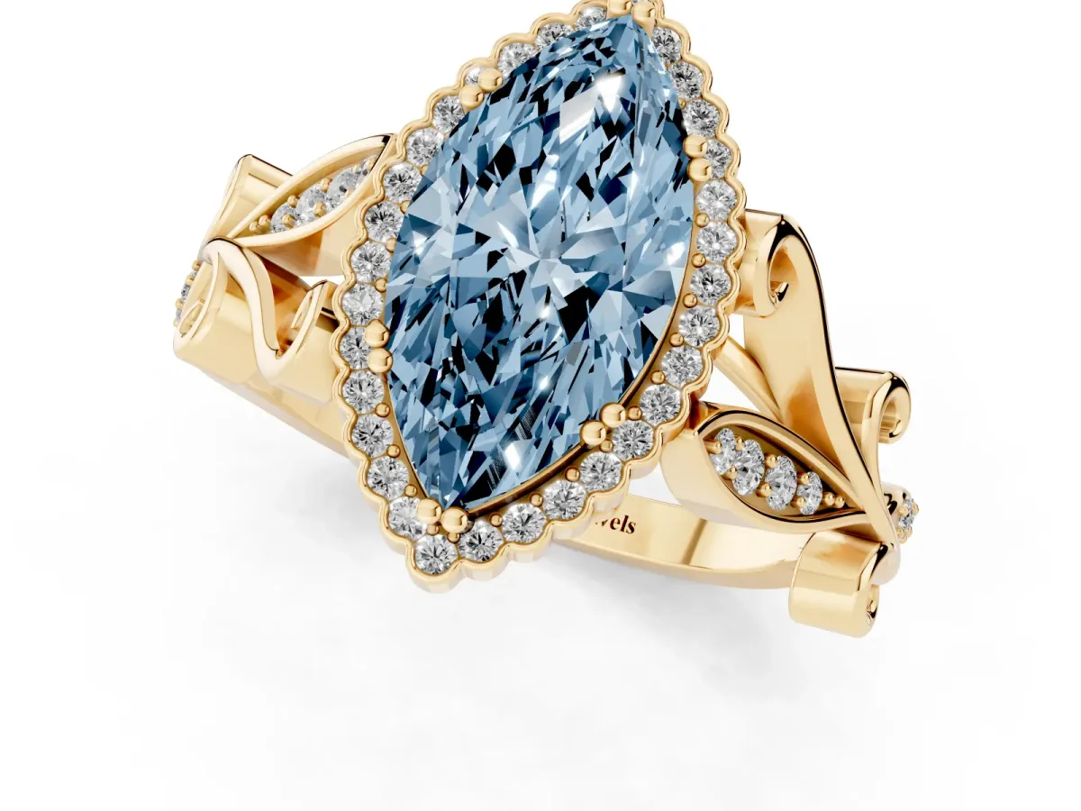 Fancy Blue Marquise Cut Diamond Halo Ring with Vintage Split Shank and Four-Prong Setting Yellow gold