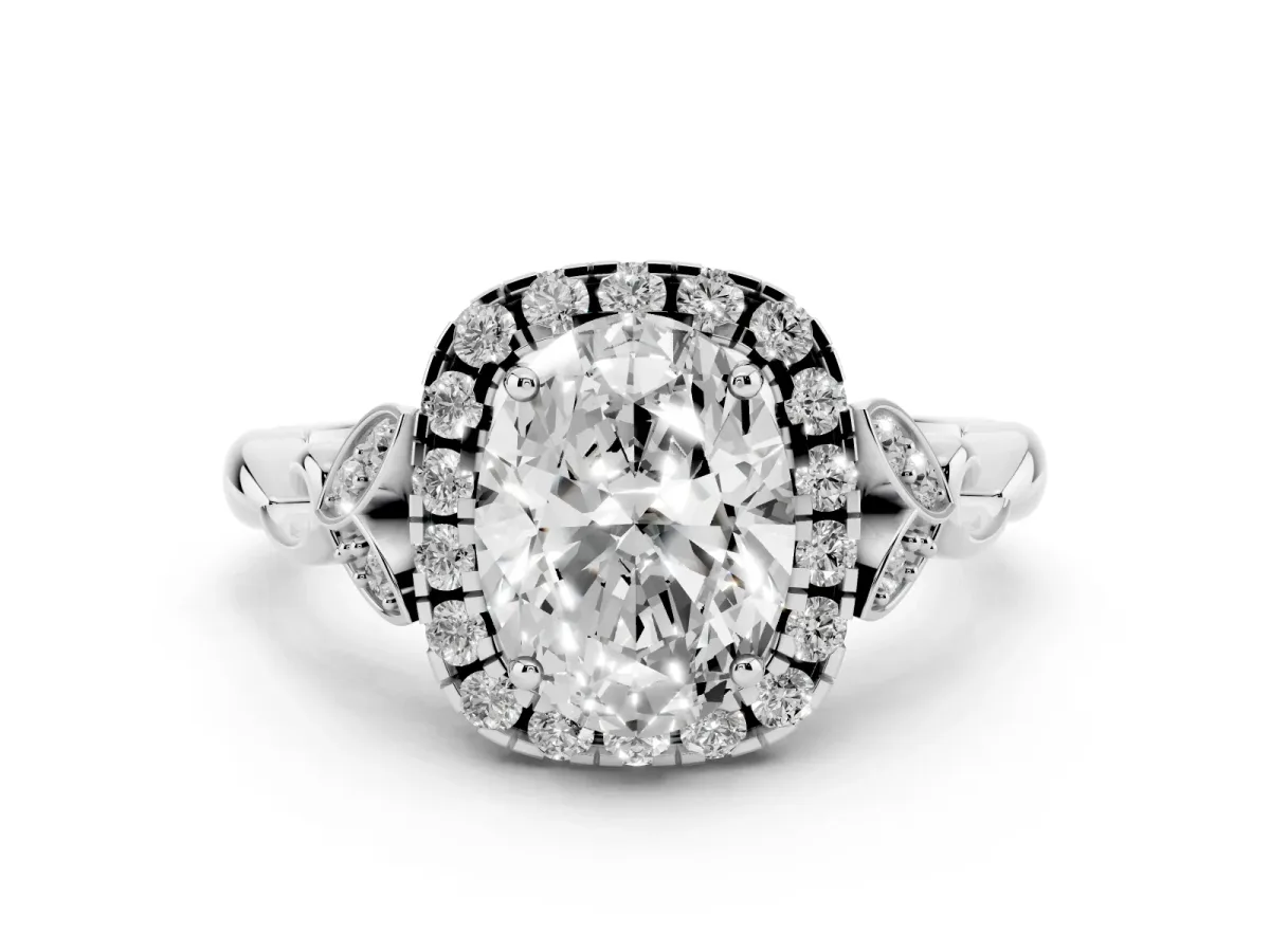 Oval Cut Halo Diamond Engagement Ring with Vintage-Inspired Band and Four-Prong Setting Platinum