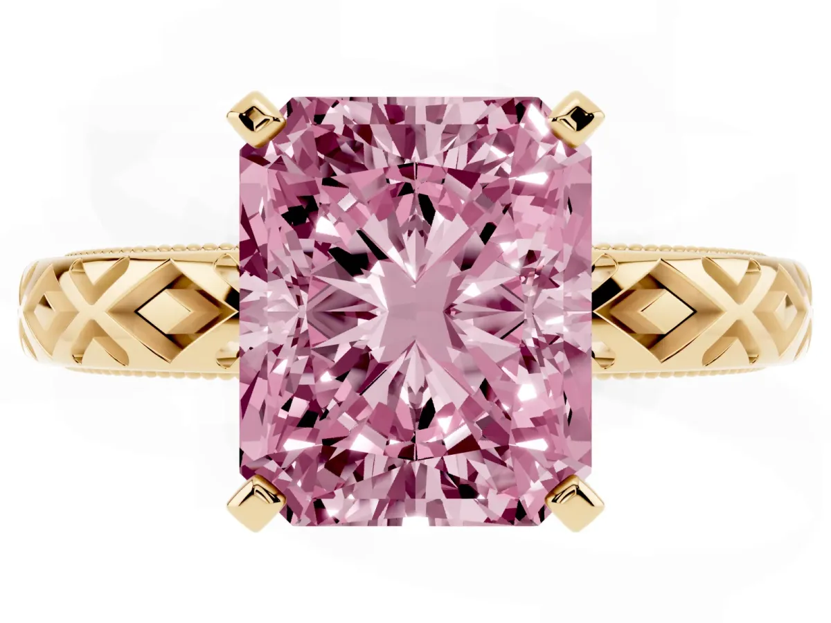 Fancy Pink Radiant Cut Solitaire Diamond Ring with Milgrain and Black Enamel X Pattern Band Yellow gold