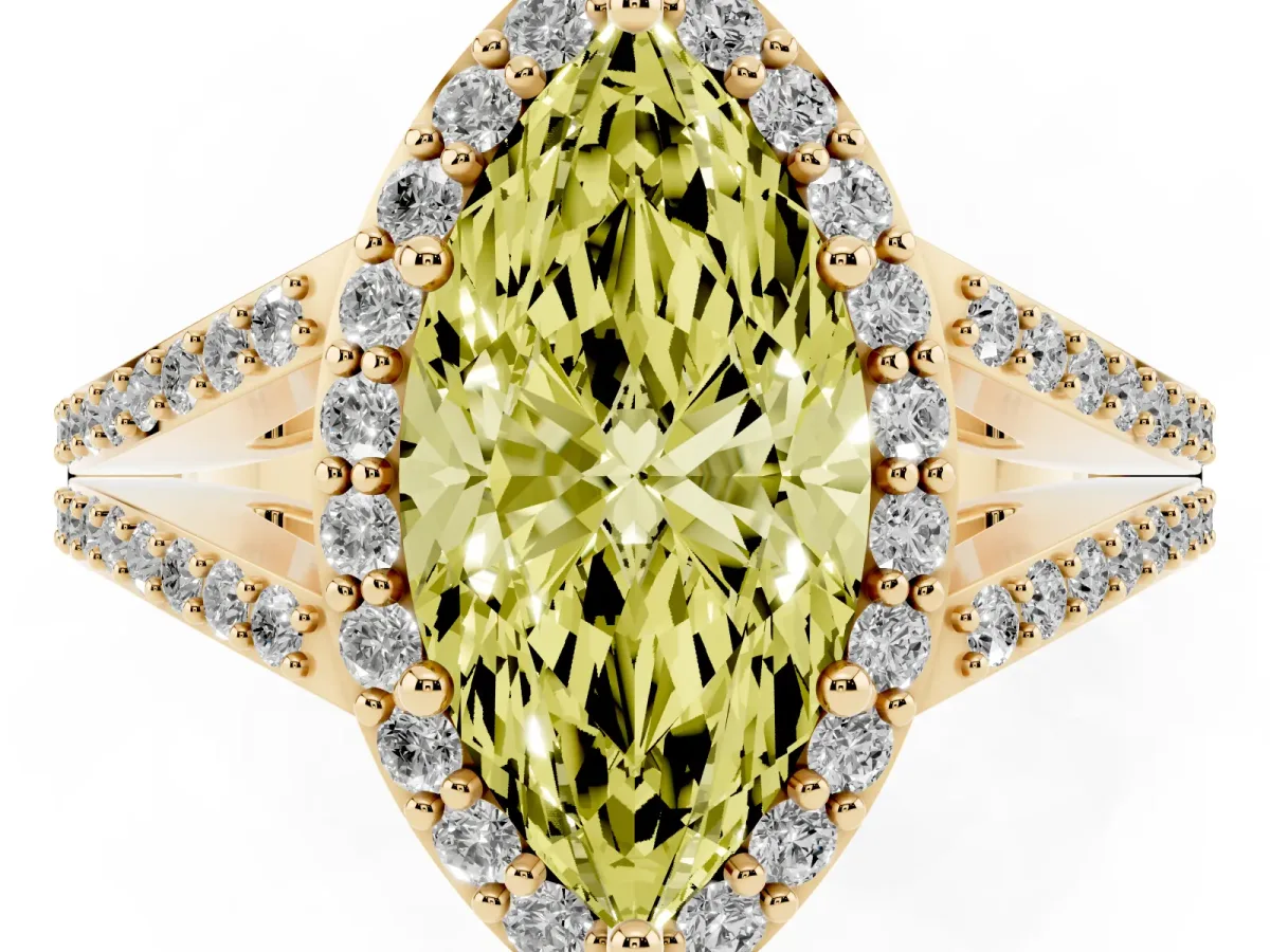 Fancy Yellow Marquise Cut Halo Split Shank Pave Diamond Ring with Four-Prong Setting Yellow gold