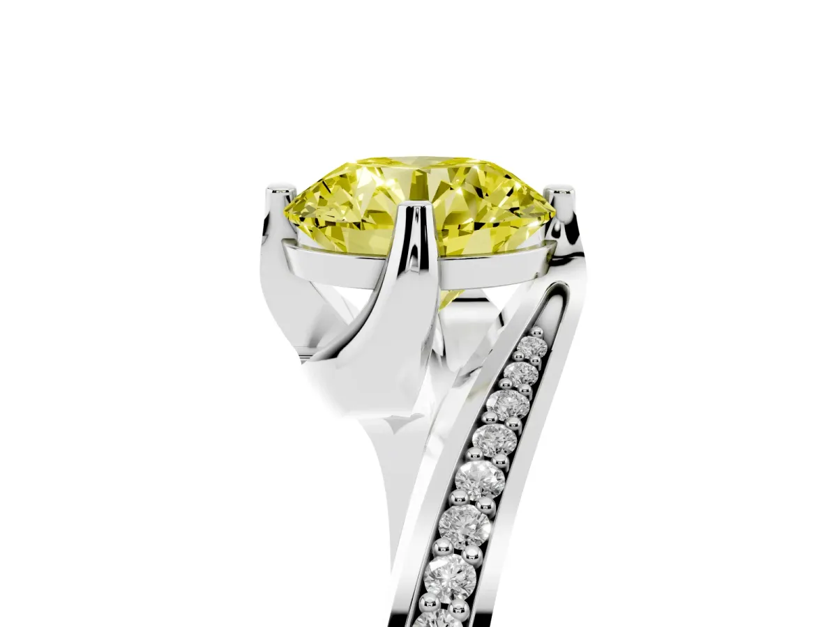 Fancy Yellow Round Cut Solitaire Diamond Twist Band with Pavé Setting and Four-Prong Setting Silver