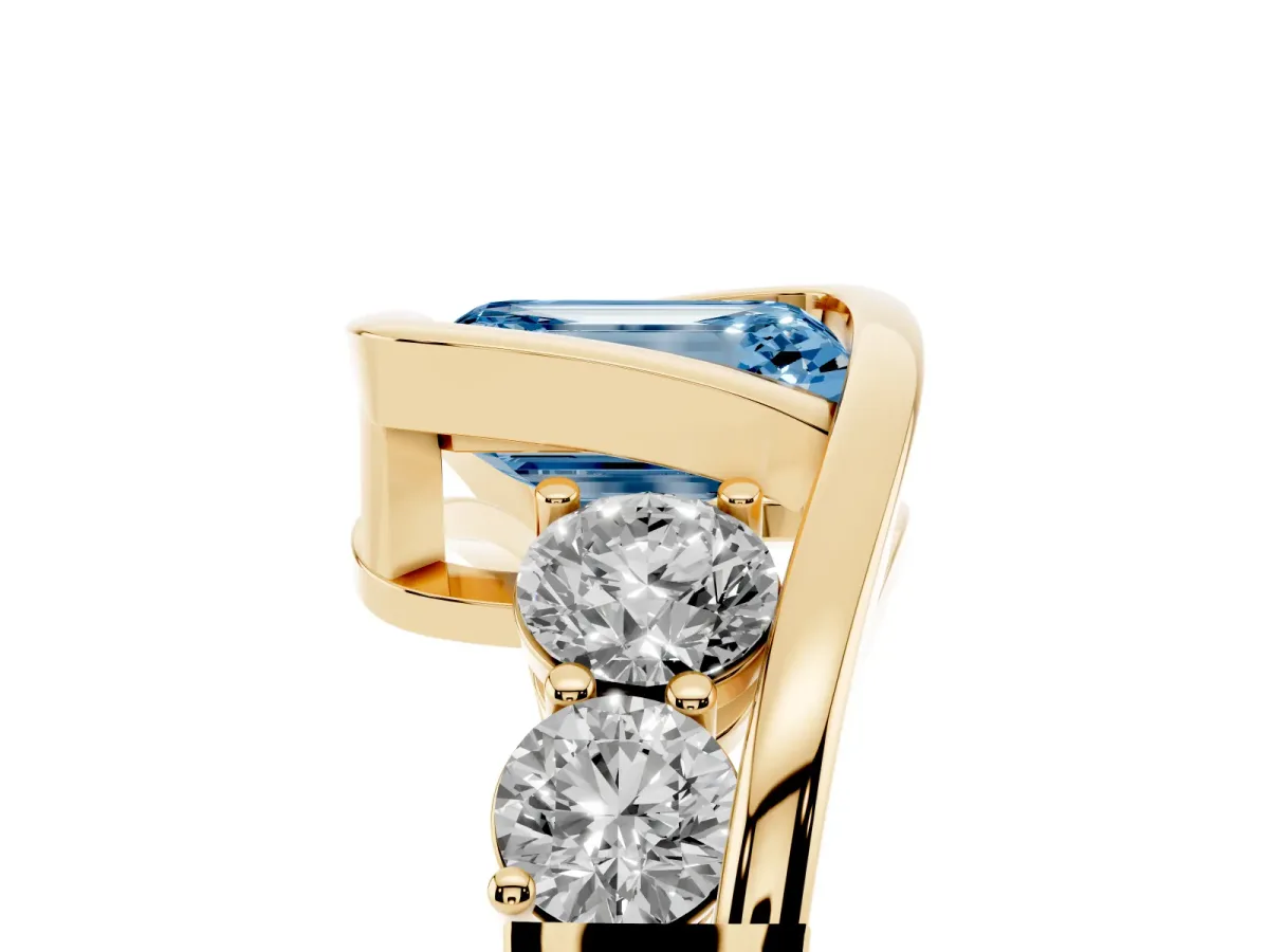 Fancy Blue Bezel Set Emerald Cut Diamond Bypass Ring with Round Accents Yellow gold