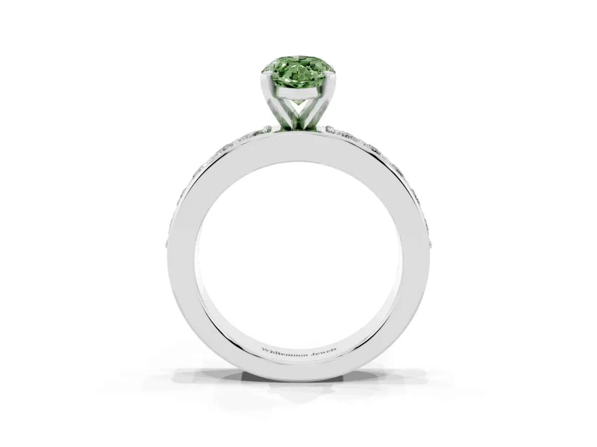 Fancy Green Marquise Cut Diamond Engagement Ring with Channel Set Round Band and Prong Setting White gold