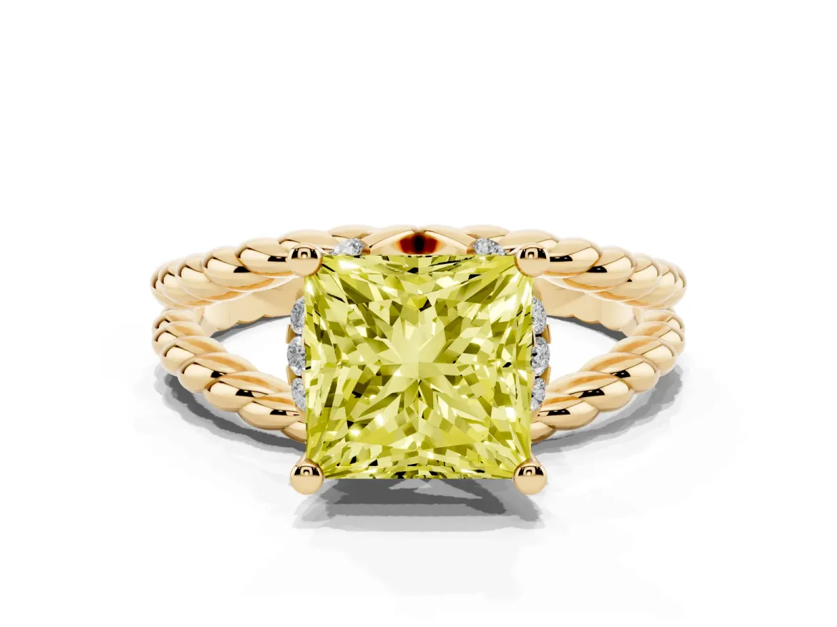 Fancy Yellow Princess Cut Halo Twisted Band Four-Prong Ring Yellow gold