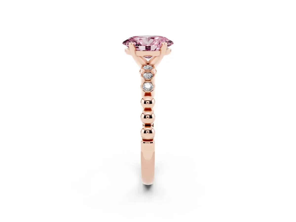 Fancy Pink Oval Cut Solitaire Bezel Accent Diamond Engagement Ring with Beaded Band and Four-Prong Setting Rose gold