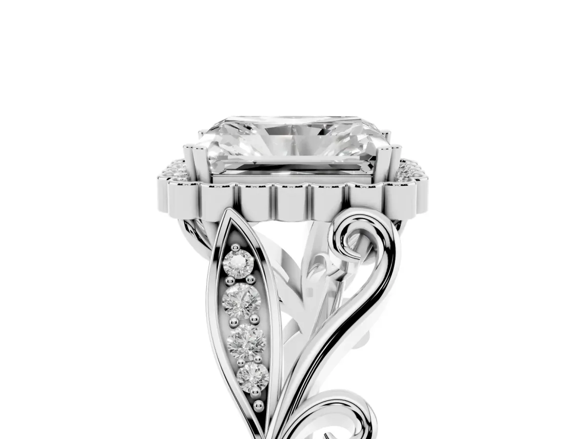 Radiant Cut Diamond Halo Ring with Vintage Split Shank and Four-Prong Setting Silver