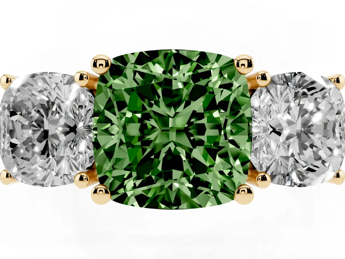 Fancy Green Three-Stone Cushion Cut Cut Diamond Engagement Ring with Flat Band and Four-Prong Setting Yellow gold
