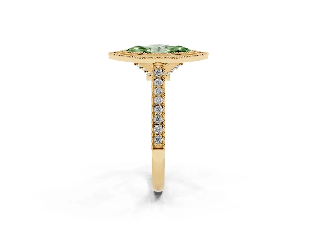 Fancy Green Halo Marquise Cut-Cut Diamond Pave Band Milgrain Prong Setting Ring Yellow gold