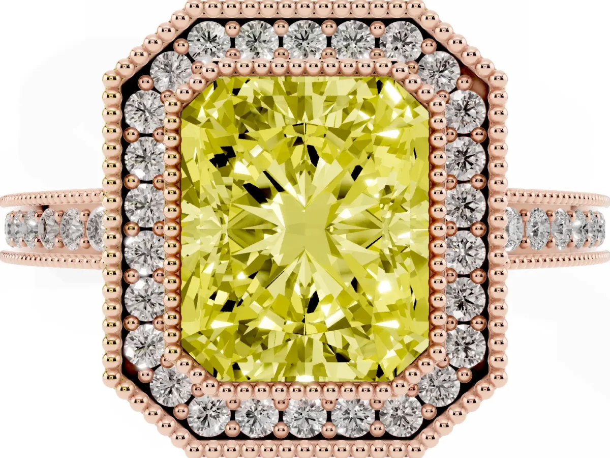 Fancy Yellow Radiant Cut Cut Halo Diamond Ring with Pavé Band and Milgrain Prong Setting Rose gold