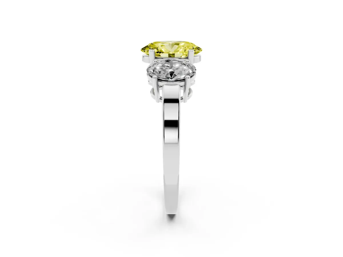Fancy Yellow Three-Stone Oval Cut Cut Diamond Engagement Ring with Flat Band and Four-Prong Setting Silver