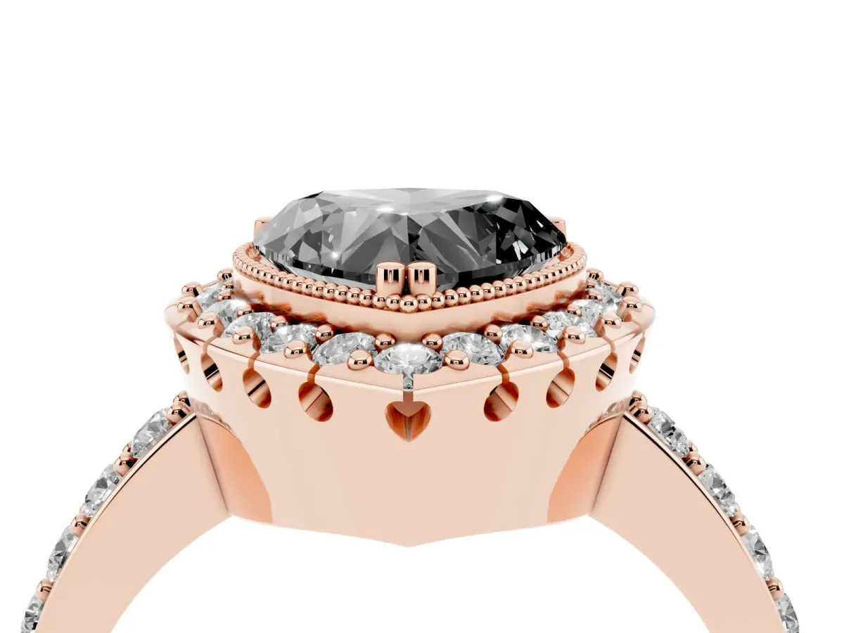 Fancy Black Heart Cut Diamond Halo Ring with Pavé Band and Prong Setting Rose gold