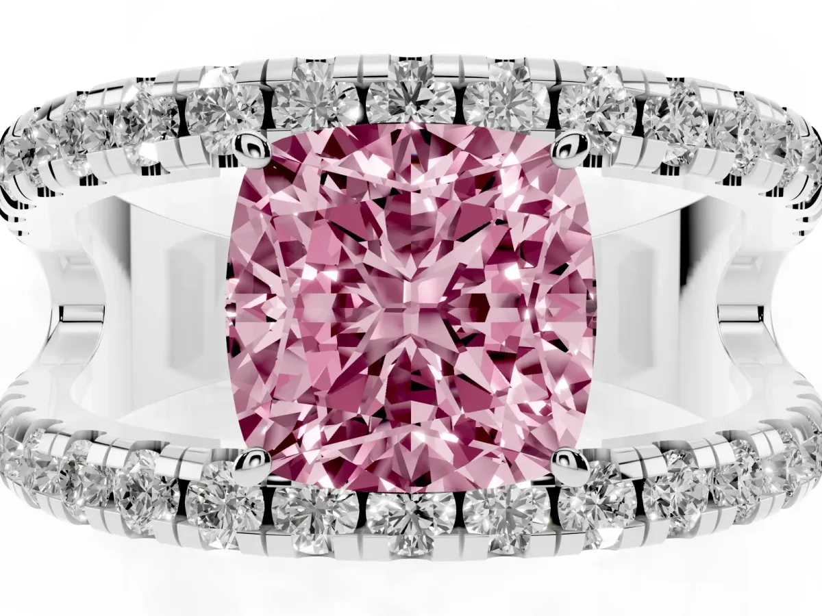 Fancy Pink Cushion Cut Solitaire Split Shank Pave Diamond Ring Silver