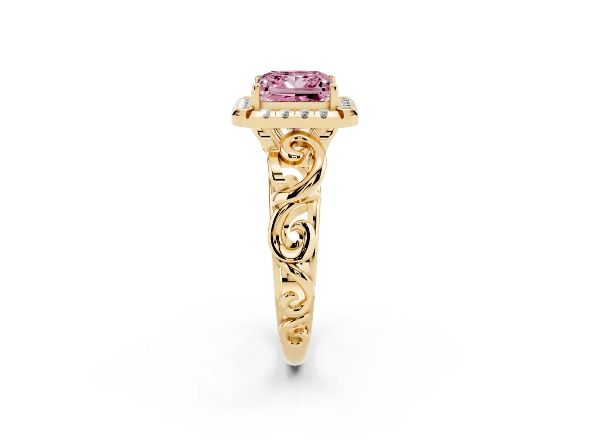 Fancy Pink Princess Cut Cut Halo Diamond Ring with Scrollwork Band and Four-Prong Setting Yellow gold