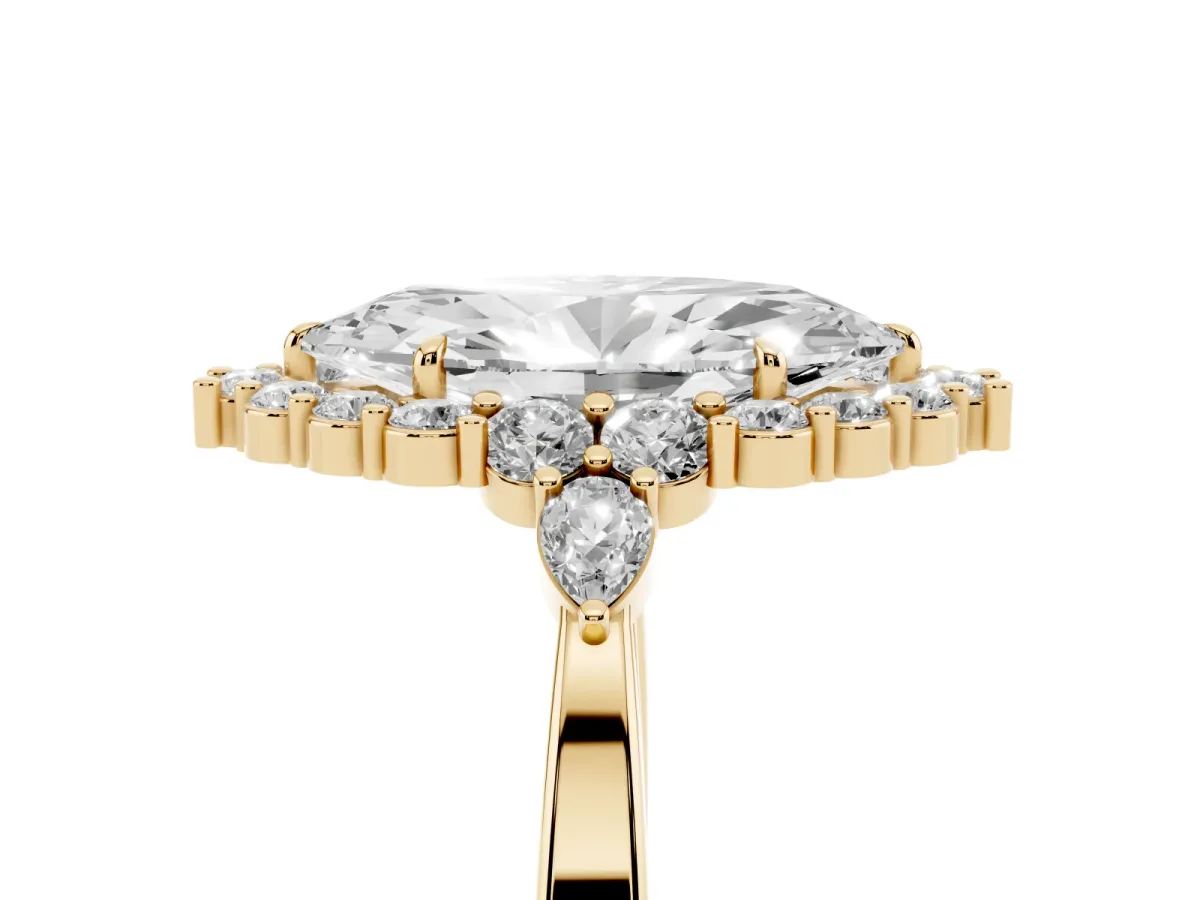 Marquise Cut Diamond Halo Ring with Pear Side Stones and Prong Setting Yellow gold