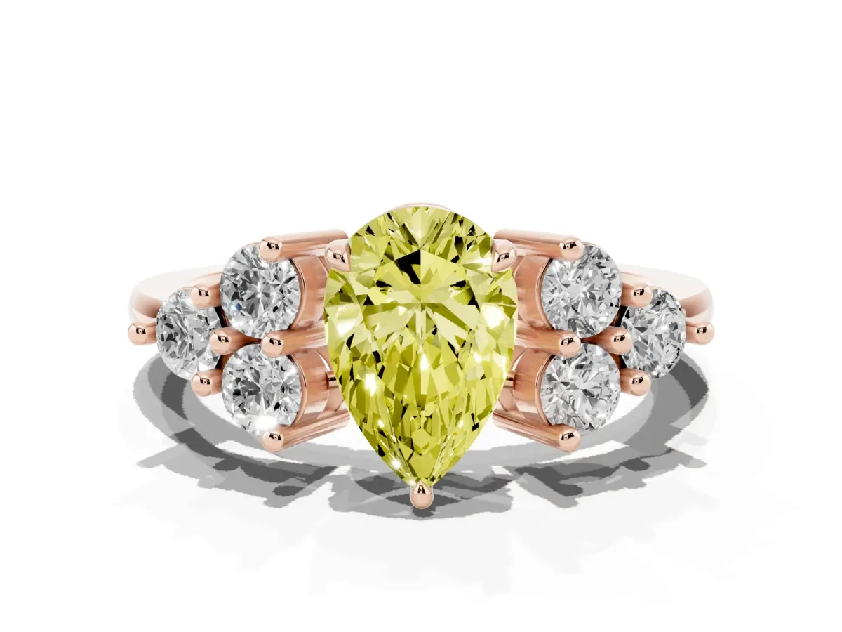 Fancy Yellow Pear Cut Brilliant Diamond Cluster Accent Solitaire Ring with Prong Setting Rose gold