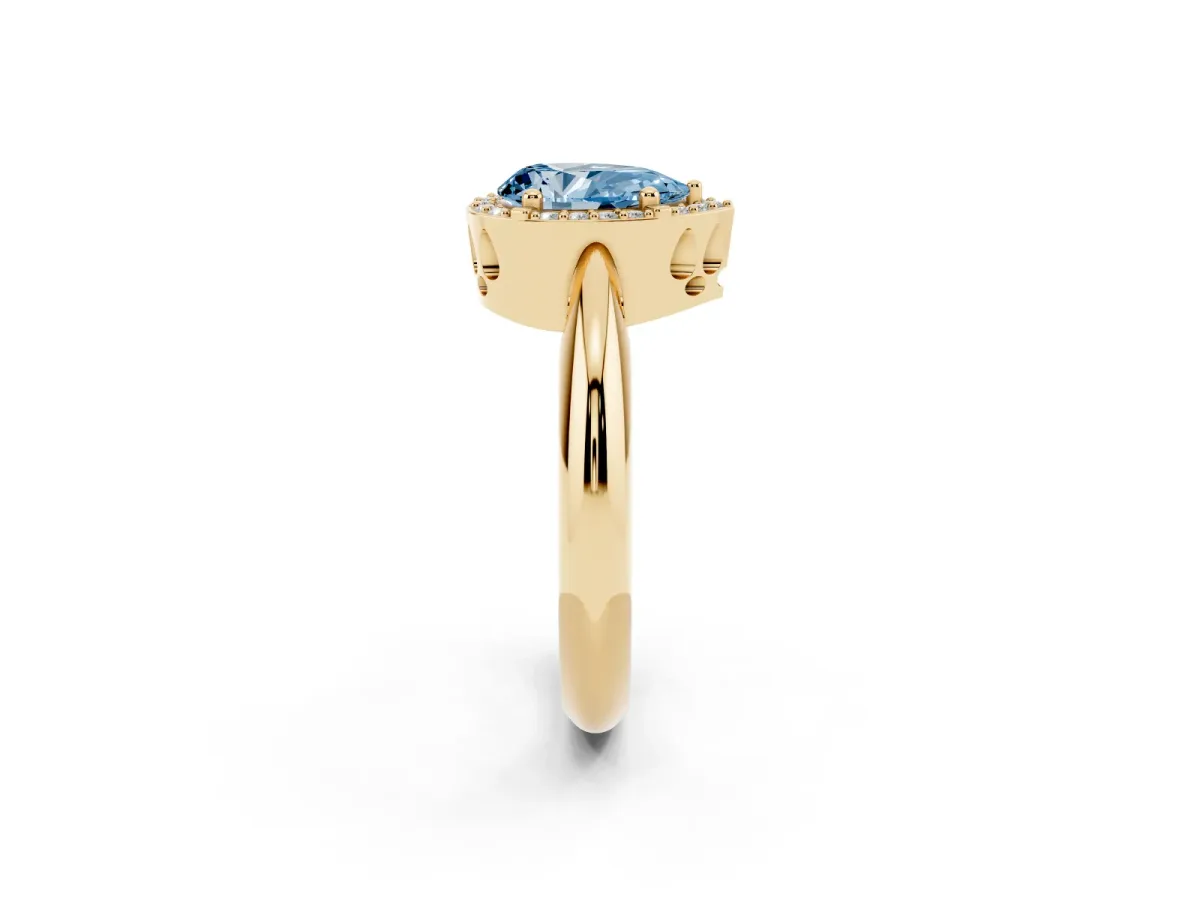 Fancy Blue Pear Cut Cut Diamond Halo Engagement Ring with Split Shank and Four-Prong Setting Yellow gold