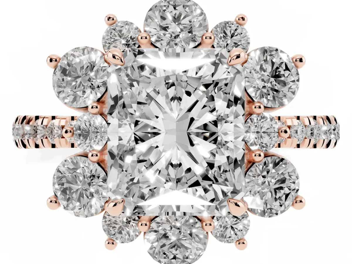 Radiant Cut Diamond Floral Halo Ring with Round Pavé Band and Prong Setting Rose gold