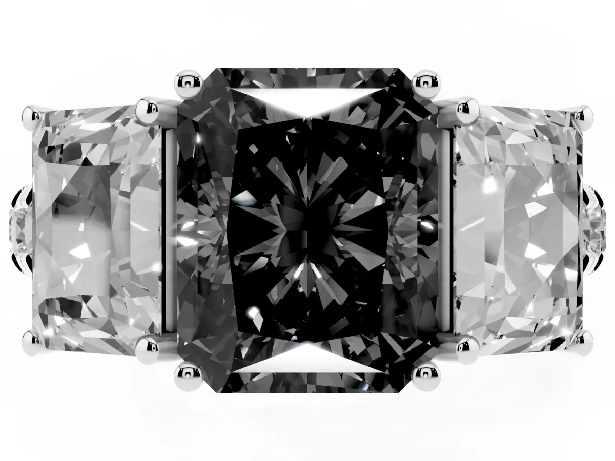 Fancy Black Three-Stone Radiant Cut Diamond Pavé Band with Prong Setting Silver