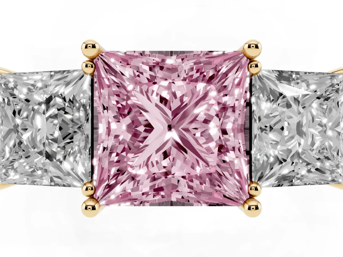 Fancy Pink Three-Stone Princess Cut Cut Diamond Engagement Ring with Prong Setting on a White Gold Band Yellow gold