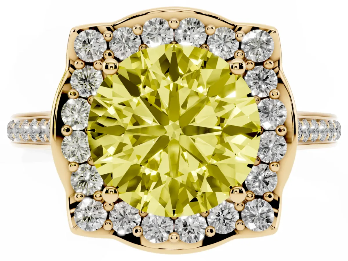 Fancy Yellow Round Cut Halo Round Diamond Pave Band with Four-Prong Setting Yellow gold